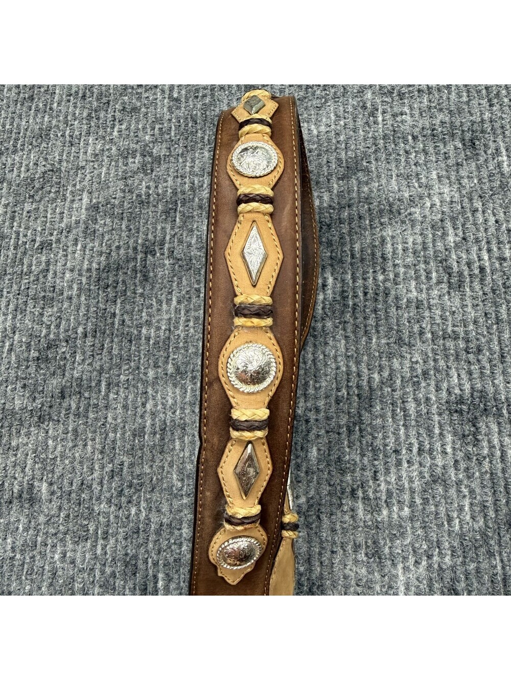 Justin Belt Mens 38 Brown Leather Western Concho Studded Engraved Silver Buckle - Picture 5 of 15